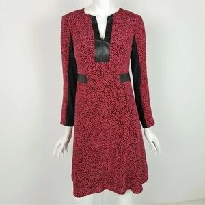 Nanette Lepore Womens Size 2 Pink Black Leopard Print Silk Leather Trim Dress